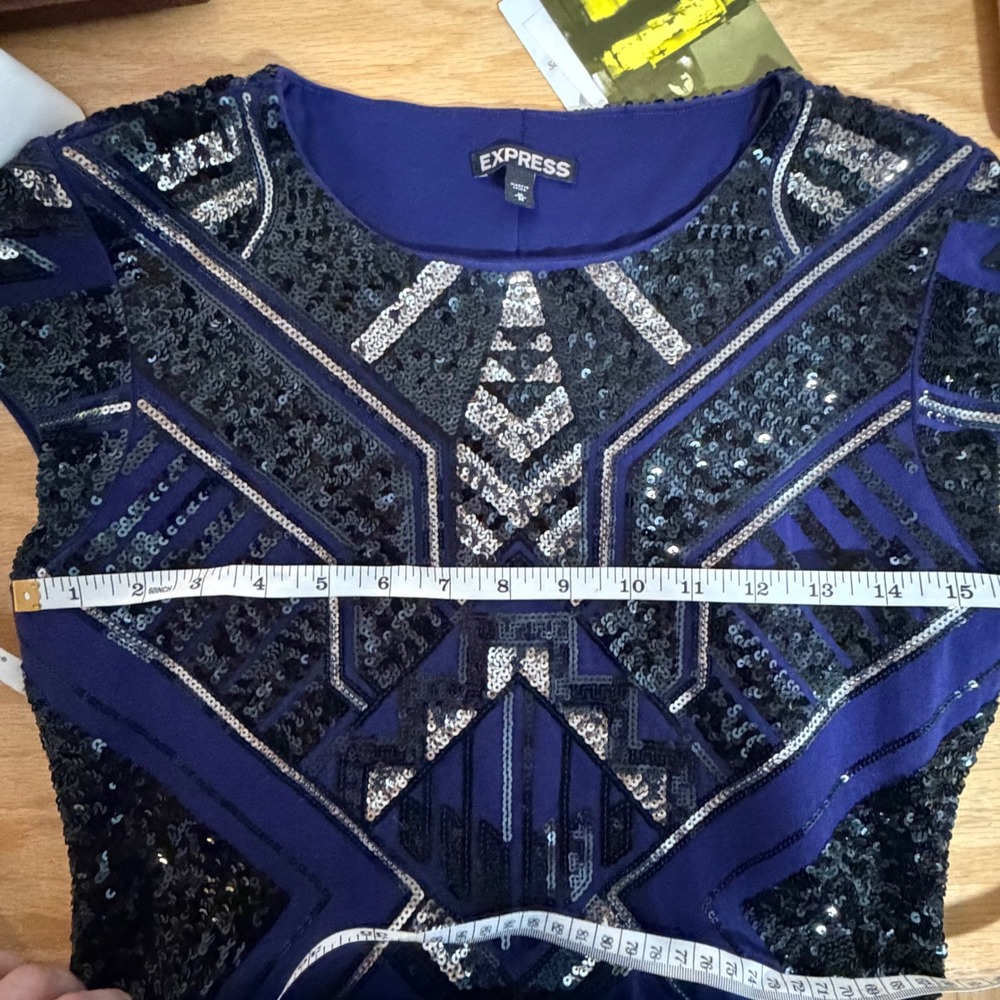 Express Womens Sequin Bodycon Dress Navy Blue Silver Geometric Art Deco Medium - Picture 7 of 8